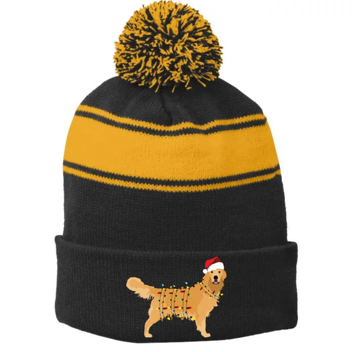 Golden Retriever Holiday Christmas Light Classic Stripe Pom Pom Beanie