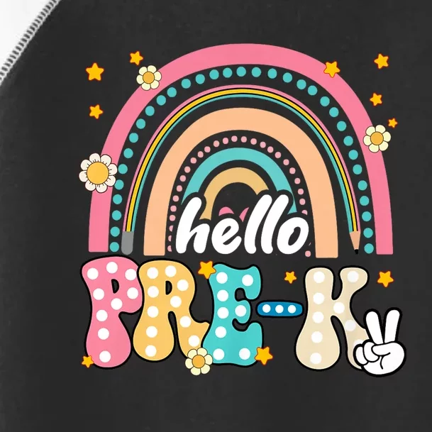 Groovy Rainbow Hello Pre K First Day Teacher Toddler Fine Jersey T-Shirt