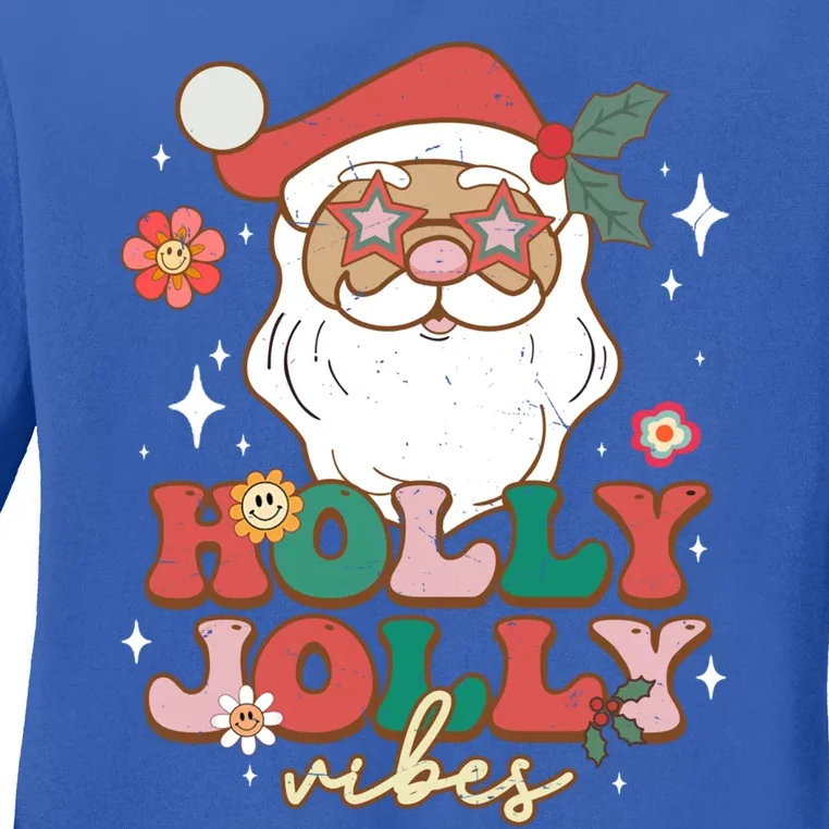 Groovy Retro Holly Xmas Jolly Vibes Santa Claus Christmas Great Gift Ladies Long Sleeve Shirt