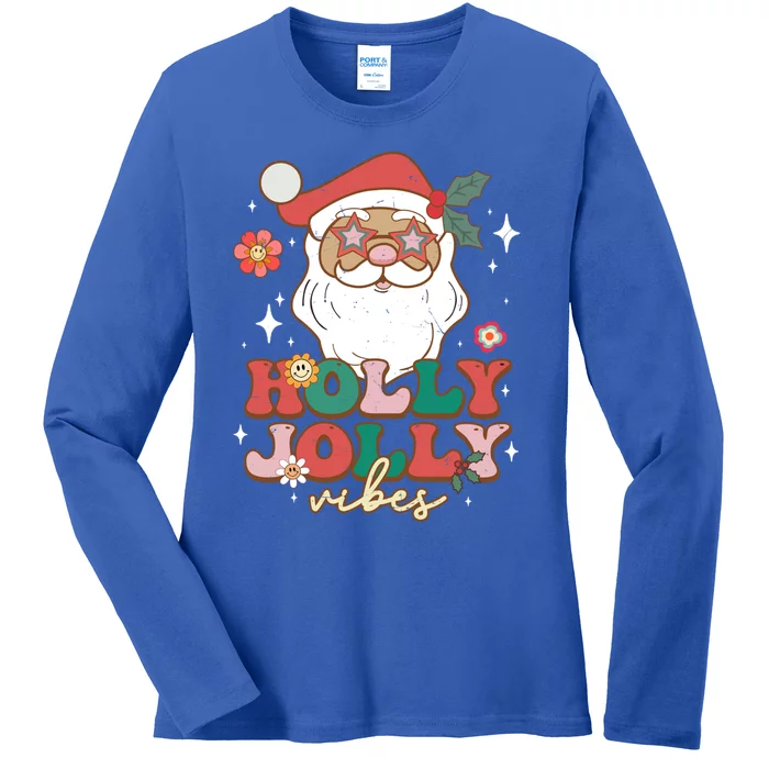 Groovy Retro Holly Xmas Jolly Vibes Santa Claus Christmas Great Gift Ladies Long Sleeve Shirt