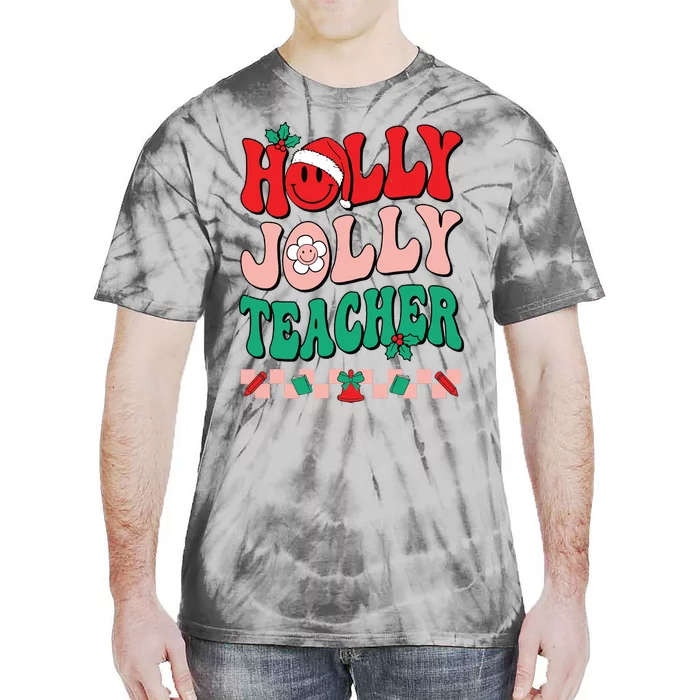 Groovy Retro Holly Xmas Jolly Teacher Christmas Vibes Hippie Tie-Dye T-Shirt