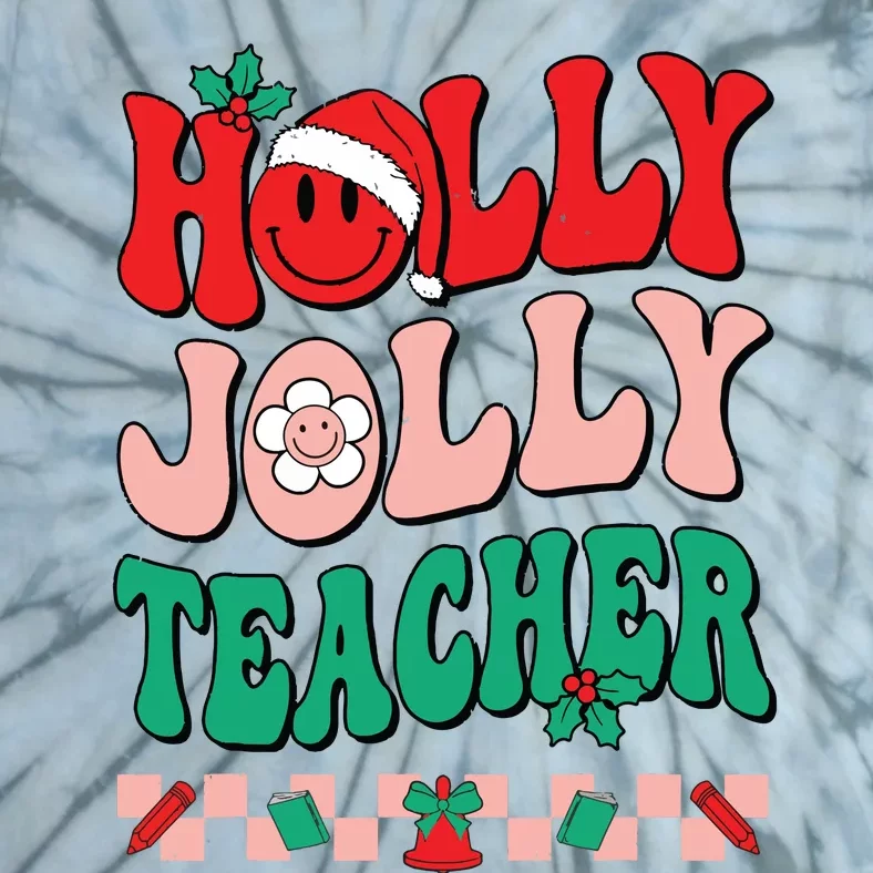 Groovy Retro Holly Xmas Jolly Teacher Christmas Vibes Hippie Tie-Dye T-Shirt