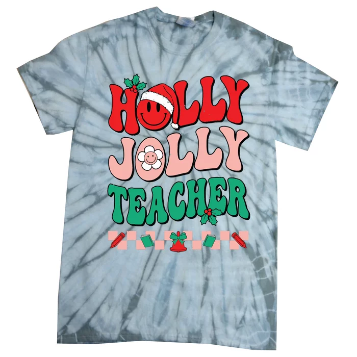 Groovy Retro Holly Xmas Jolly Teacher Christmas Vibes Hippie Tie-Dye T-Shirt