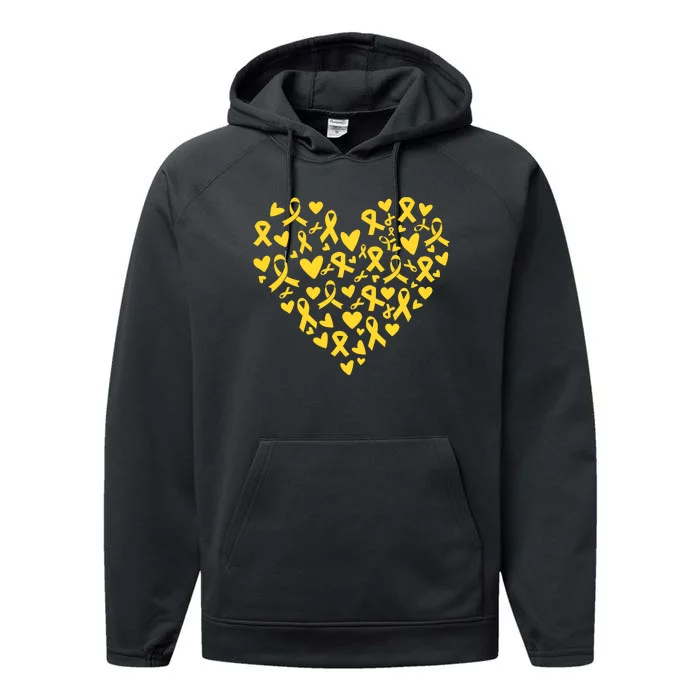 Gold Ribbon Heart Childhood Cancer Awareness Support Performance Fleece Hoodie