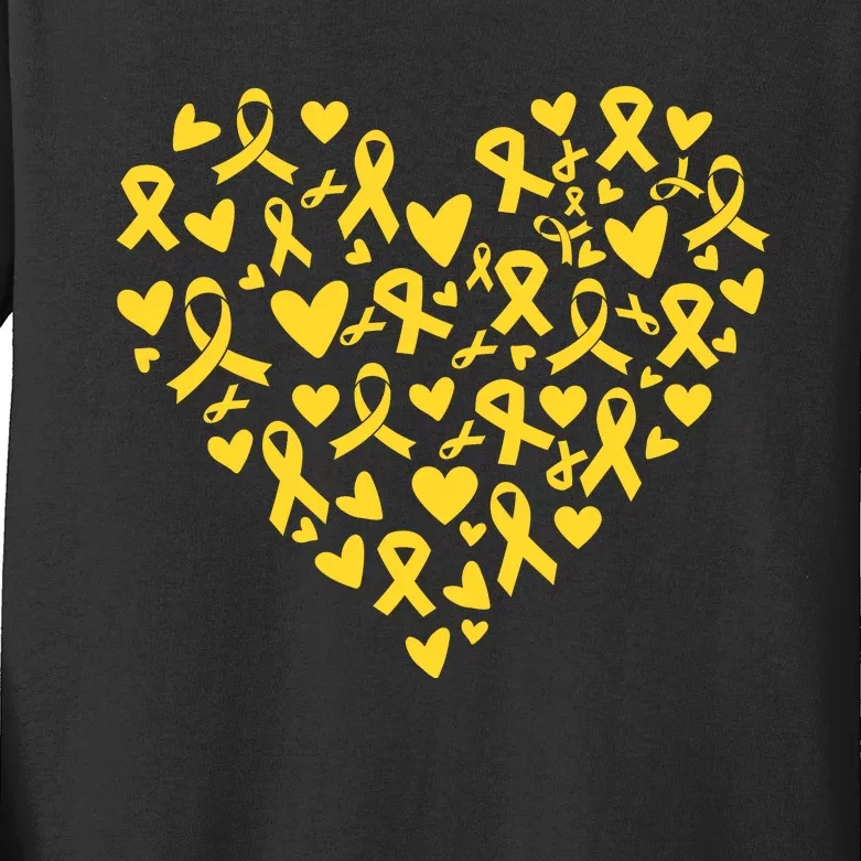 Gold Ribbon Heart Childhood Cancer Awareness Support Kids Long Sleeve Shirt