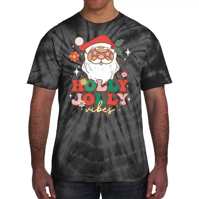 Groovy Retro Holly Xmas Jolly Vibes Santa Claus Christmas Tie-Dye T-Shirt