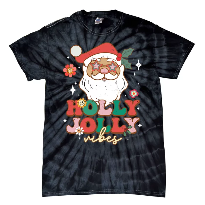 Groovy Retro Holly Xmas Jolly Vibes Santa Claus Christmas Tie-Dye T-Shirt