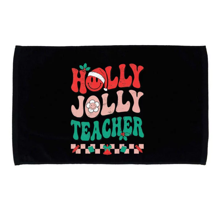 Groovy Retro Holly Xmas Jolly Teacher Christmas Vibes Hippie Microfiber Hand Towel