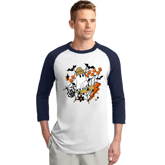 Ghost Retro Halloween Skateboard Baseball Sleeve Shirt