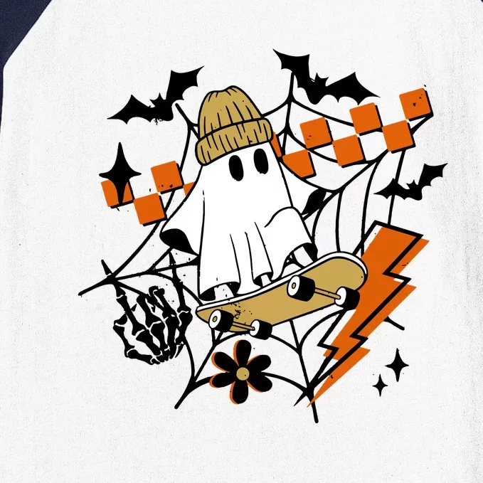 Ghost Retro Halloween Skateboard Baseball Sleeve Shirt