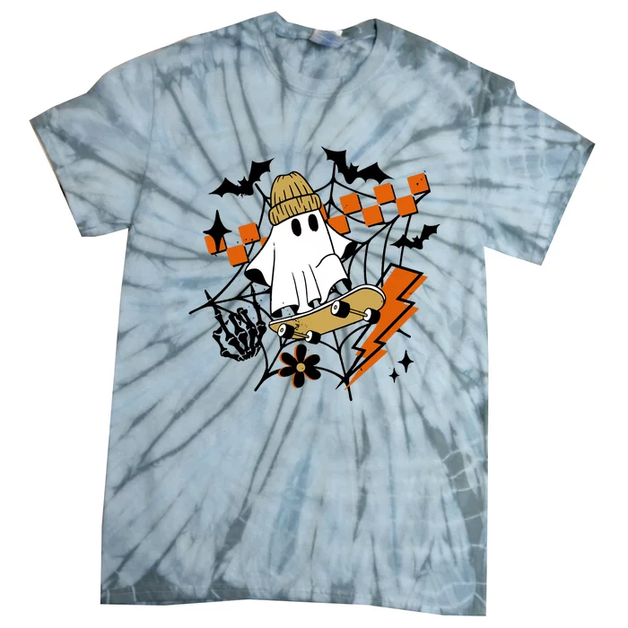 Ghost Retro Halloween Skateboard Tie-Dye T-Shirt