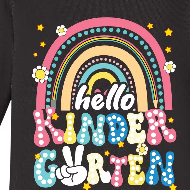 Groovy Rainbow Hello Kindergarten First Day Teacher Baby Long Sleeve Bodysuit