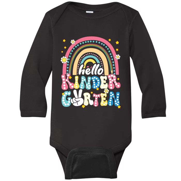 Groovy Rainbow Hello Kindergarten First Day Teacher Baby Long Sleeve Bodysuit