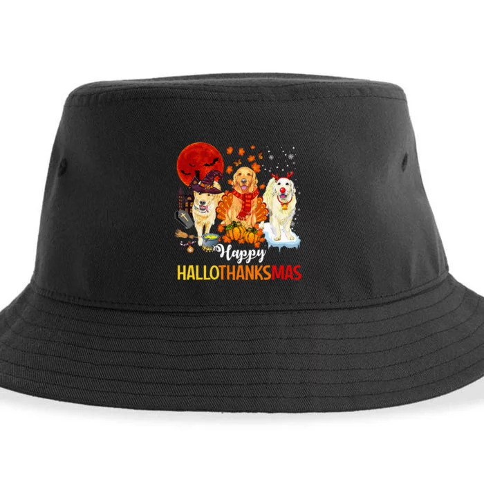 Golden Retriever Happy Hallothanksmas Halloween Thanksgiving Sustainable Bucket Hat