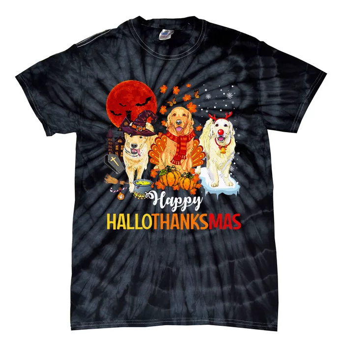 Golden Retriever Happy Hallothanksmas Halloween Thanksgiving Tie-Dye T-Shirt