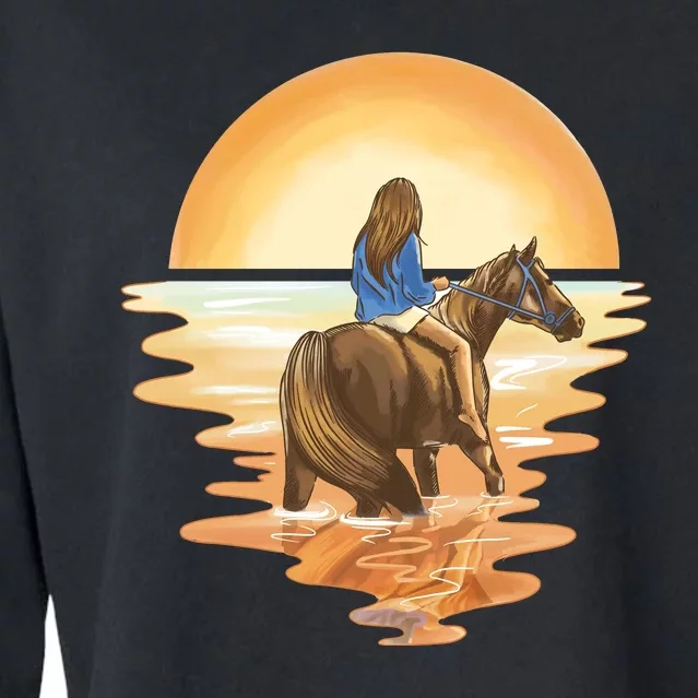 Girl Riding Horse Sunset Cropped Pullover Crew