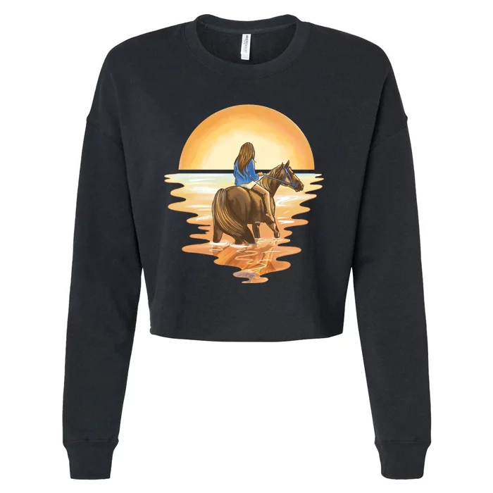 Girl Riding Horse Sunset Cropped Pullover Crew