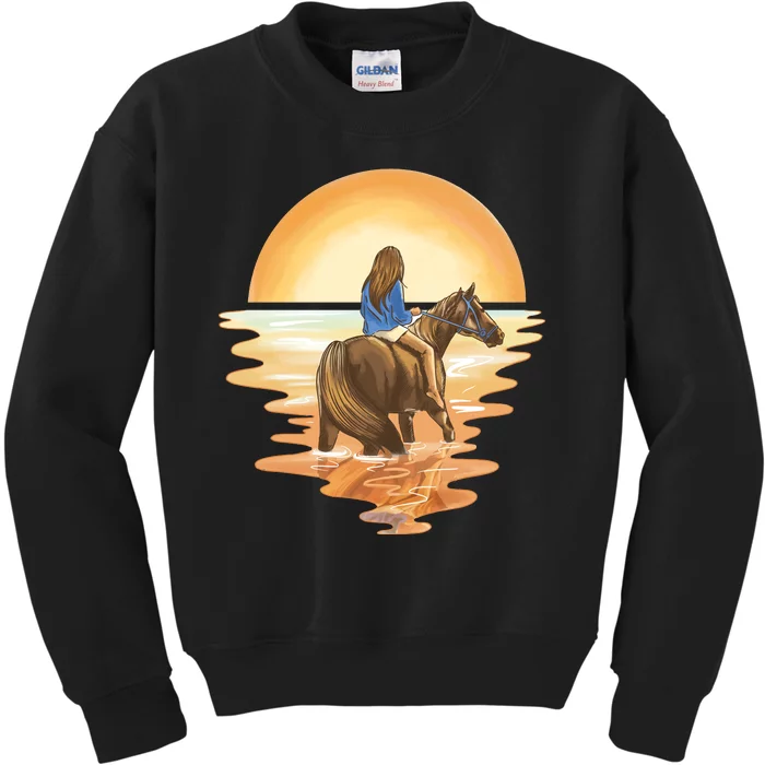 Girl Riding Horse Sunset Kids Sweatshirt