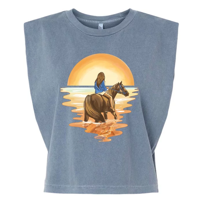 Girl Riding Horse Sunset Garment-Dyed Women's Muscle Tee