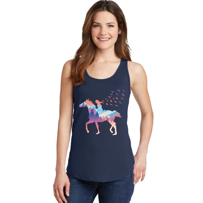 Girl Riding Horse In Forest Ladies Essential Tank