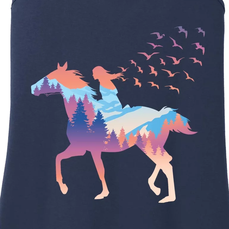 Girl Riding Horse In Forest Ladies Essential Tank