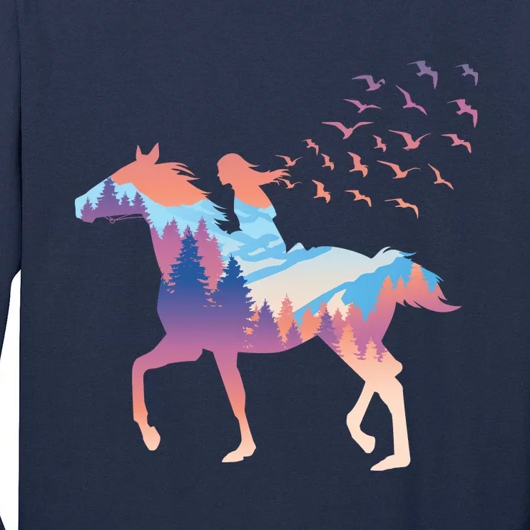 Girl Riding Horse In Forest Tall Long Sleeve T-Shirt