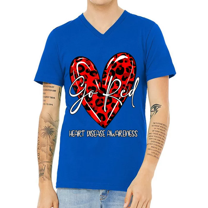 Go Red Heart Disease Awareness Month Leopard Gift V-Neck T-Shirt