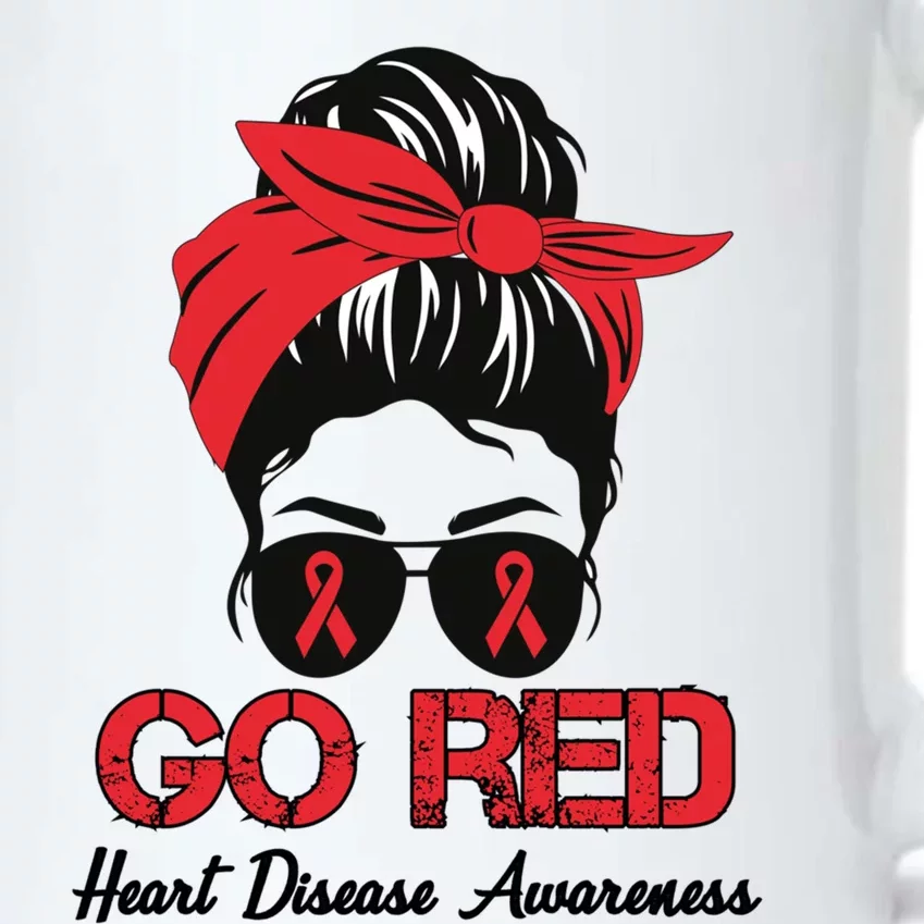 Go Red Heart Disease Awareness Month Red Ribbon Messy Bun Gift Black Color Changing Mug