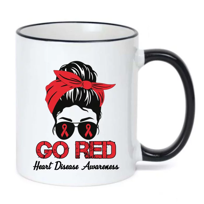 Go Red Heart Disease Awareness Month Red Ribbon Messy Bun Gift Black Color Changing Mug