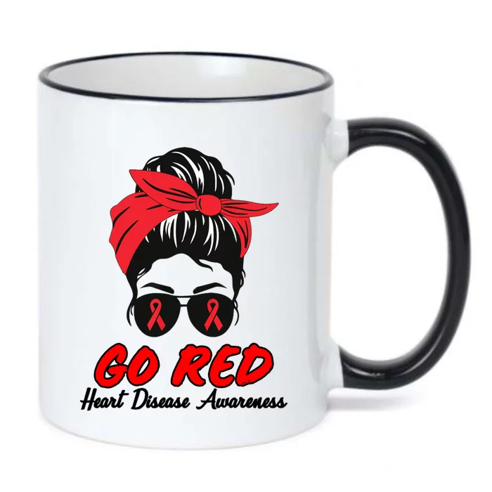 Go Red Heart Disease Awareness Month Red Ribbon Messy Bun Funny Gift Black Color Changing Mug