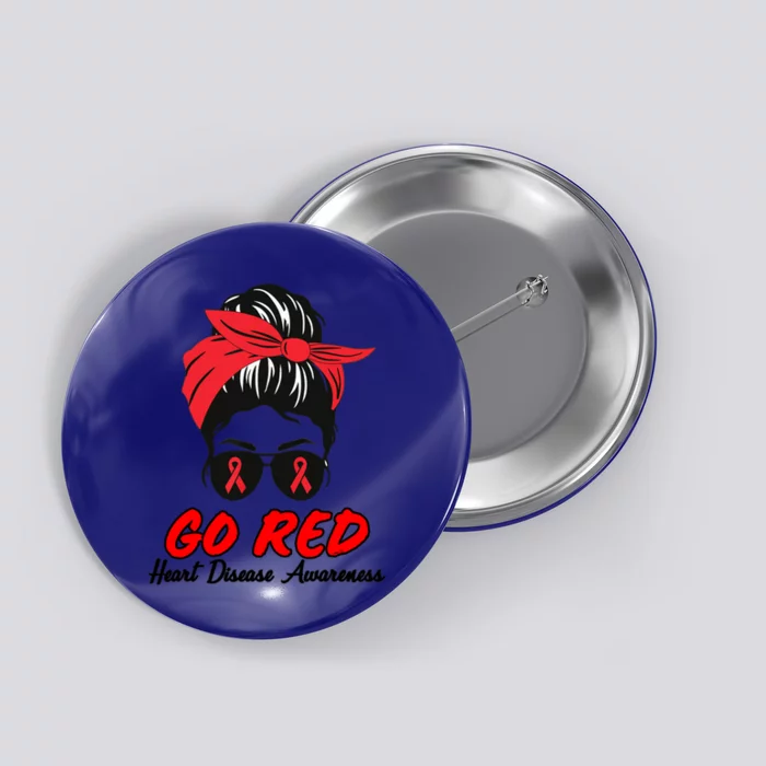 Go Red Heart Disease Awareness Month Red Ribbon Messy Bun Funny Gift Button