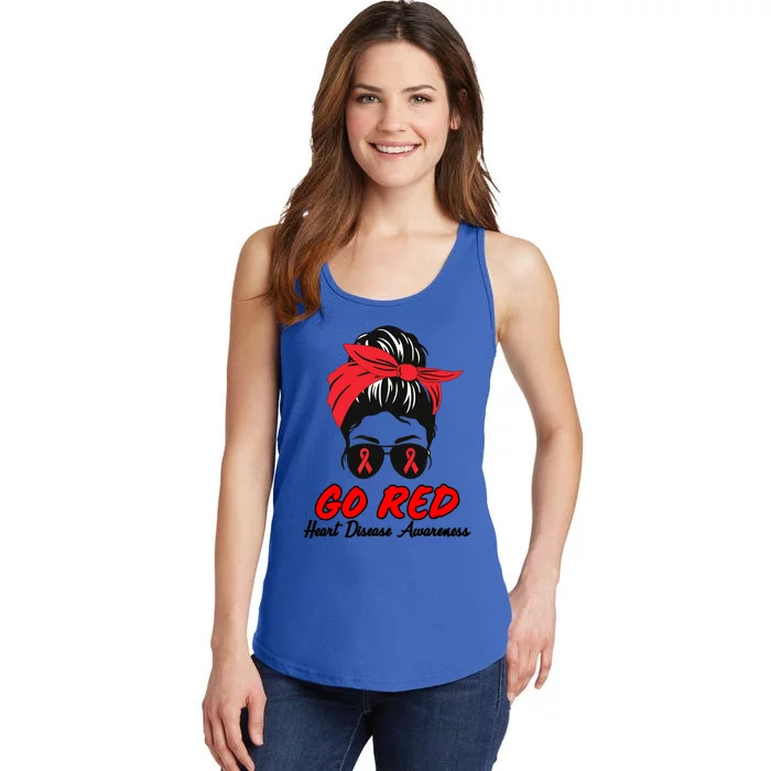 Go Red Heart Disease Awareness Month Red Ribbon Messy Bun Funny Gift Ladies Essential Tank