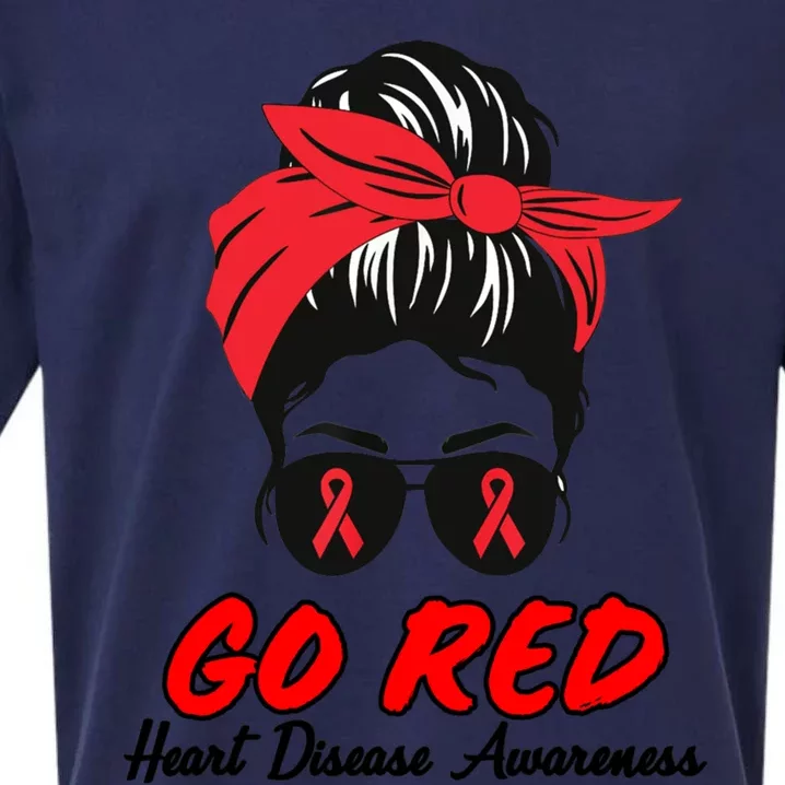 Go Red Heart Disease Awareness Month Red Ribbon Messy Bun Funny Gift Sueded Cloud Jersey T-Shirt