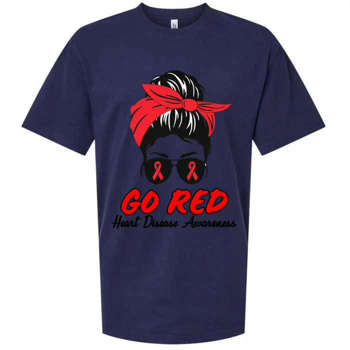 Go Red Heart Disease Awareness Month Red Ribbon Messy Bun Funny Gift Sueded Cloud Jersey T-Shirt