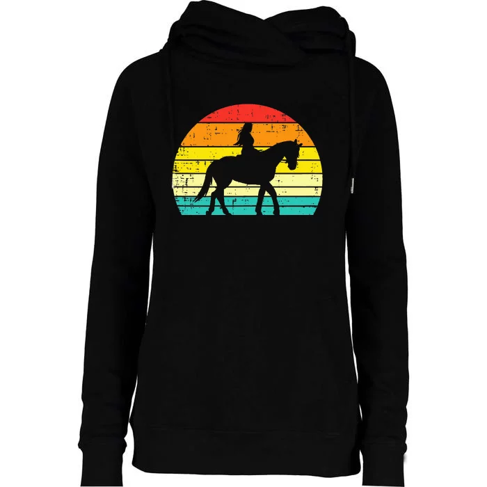 Girl Riding Horse Silhouette Sunset Retro Equestrian Women Womens Funnel Neck Pullover Hood