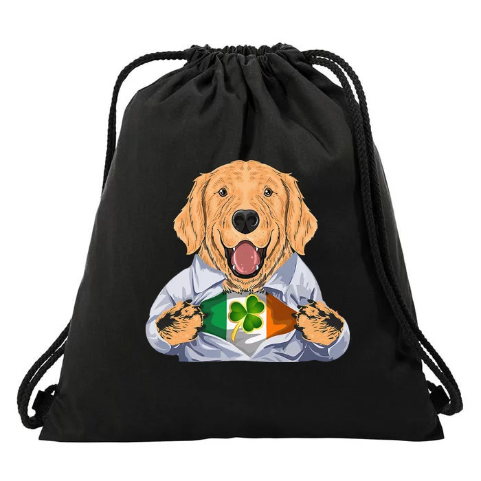 Golden Retrievers Irish Clover St Patrick Day Dog Drawstring Bag