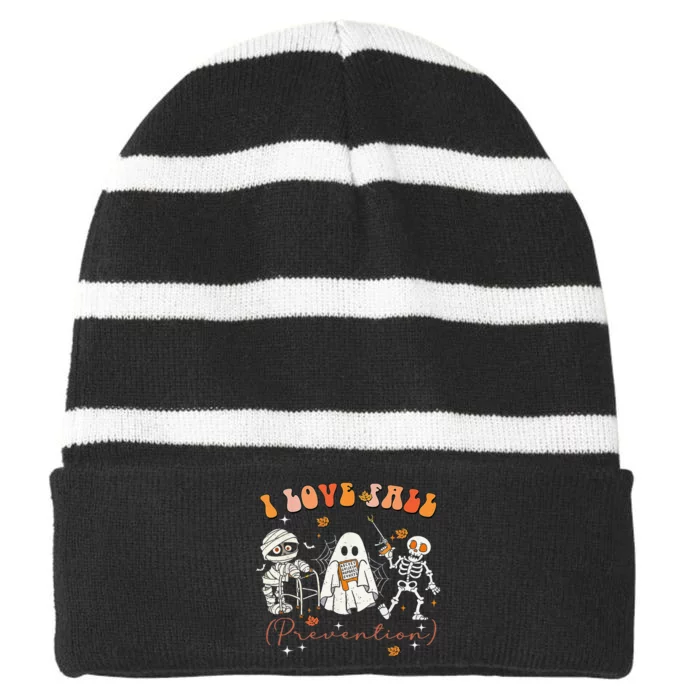 Groovy Retro I Love Fall Prevention Fall Physical Therapy Gift Striped Beanie with Solid Band