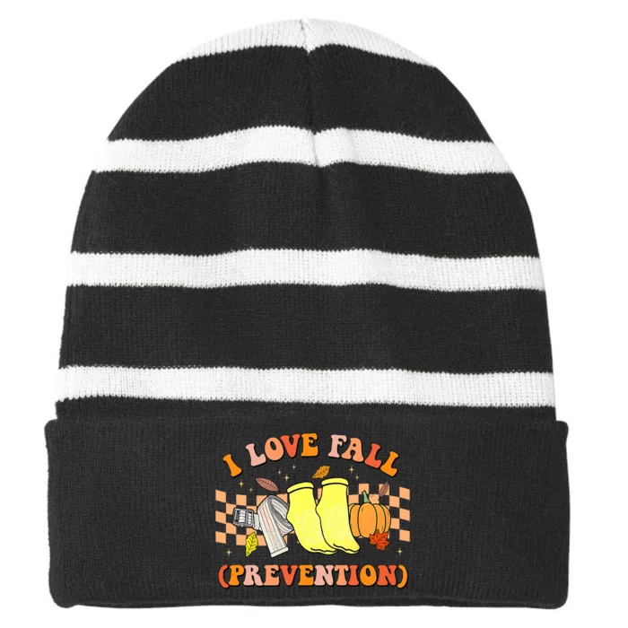 Groovy Retro I Love Fall Prevention Fall Physical Therapy Striped Beanie with Solid Band