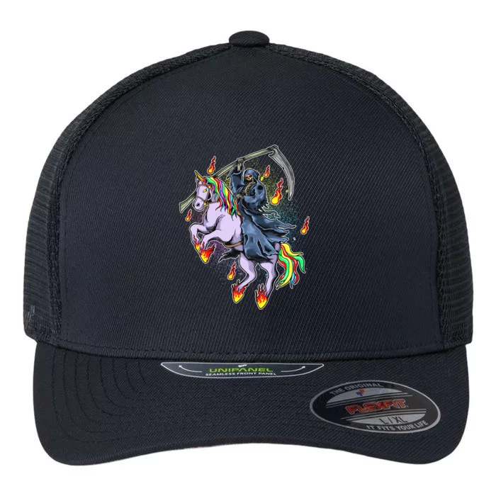 Grim Reaper Riding Rainbow Unicorn Flexfit Unipanel Trucker Cap