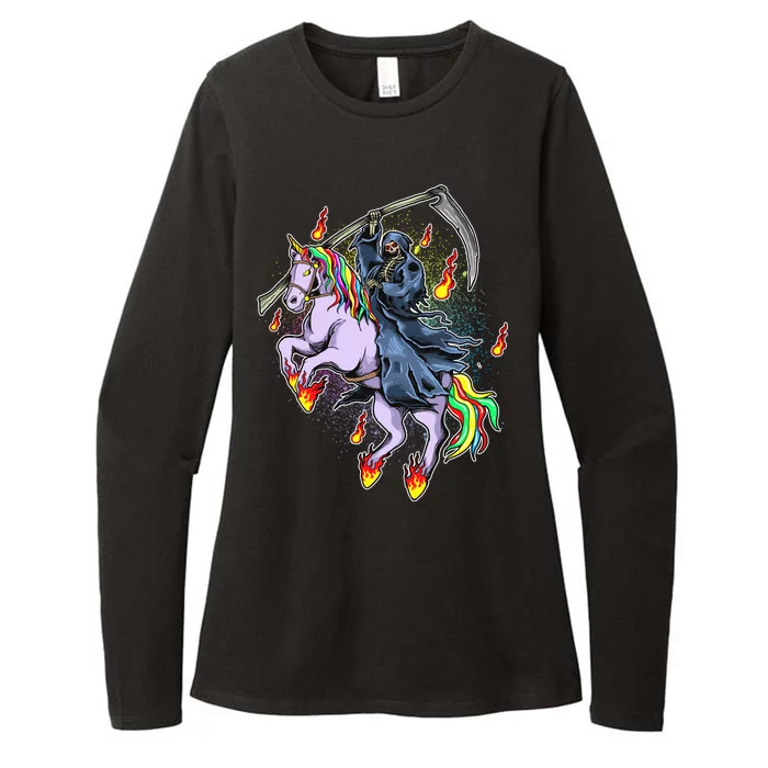 Grim Reaper Riding Rainbow Unicorn Womens CVC Long Sleeve Shirt