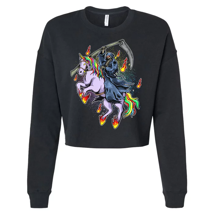 Grim Reaper Riding Rainbow Unicorn Cropped Pullover Crew