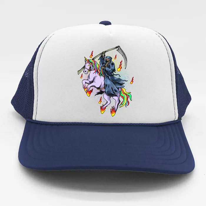 Grim Reaper Riding Rainbow Unicorn Trucker Hat