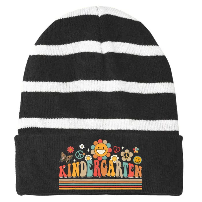 Groovy Retro Kindergarten Vibes Back To School Teachers Striped Beanie with Solid Band