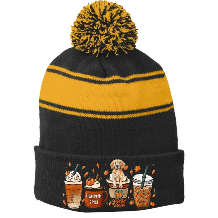 Golden Retriever Lover Pumpkin Spice Coffee Warm Fall Autumn Stripe Pom Pom Beanie