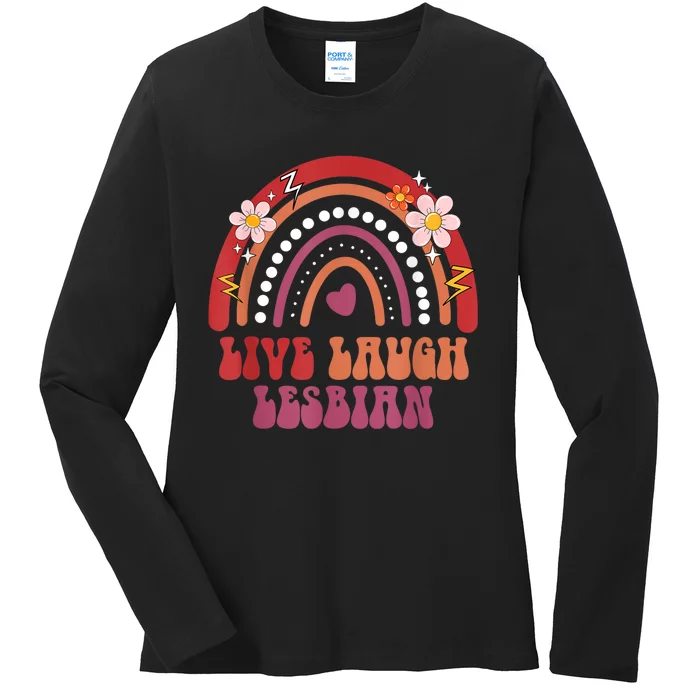 Groovy Retro Live Laugh Lesbian Pride LGBTQ+ Pride Month Ladies Long Sleeve Shirt