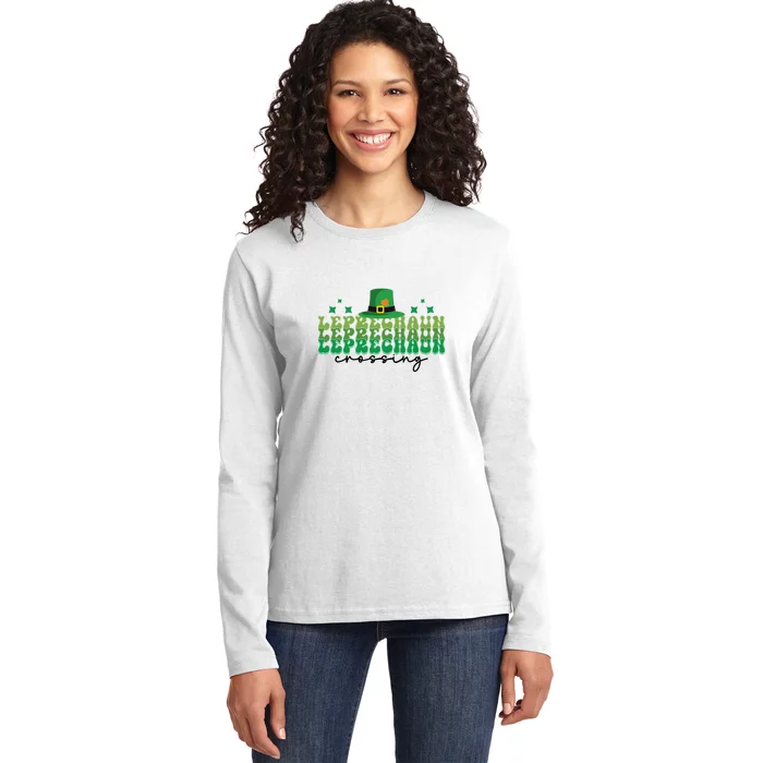 Groovy Retro Leprechaun Crossing Funny St Patrick Day Shamrock Ladies Long Sleeve Shirt