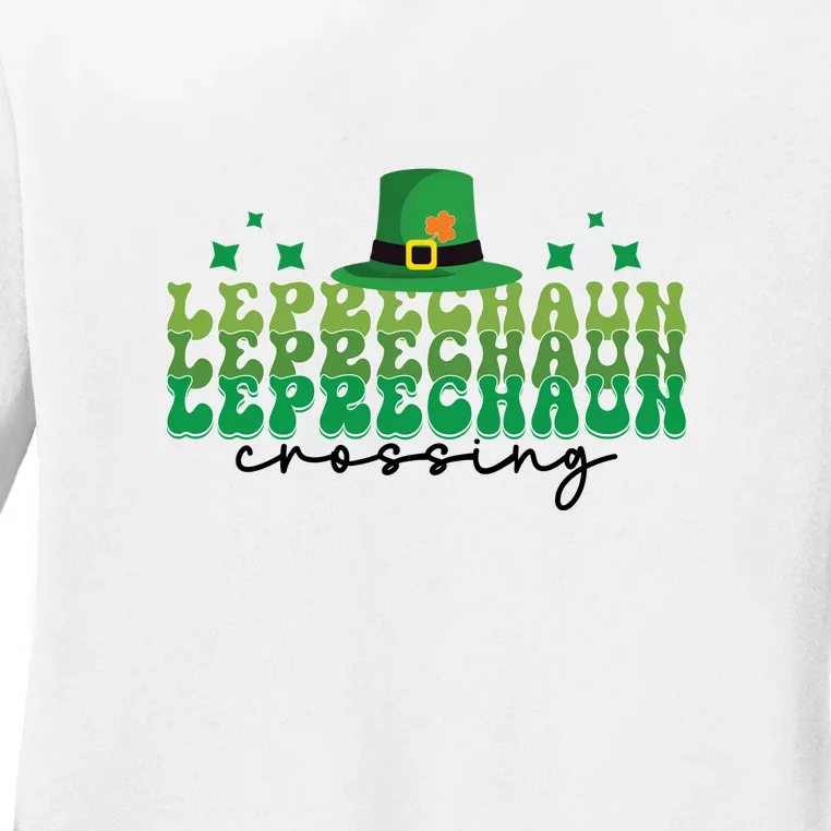 Groovy Retro Leprechaun Crossing Funny St Patrick Day Shamrock Ladies Long Sleeve Shirt