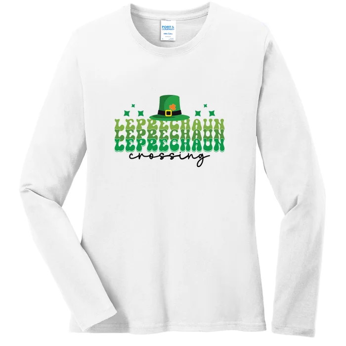 Groovy Retro Leprechaun Crossing Funny St Patrick Day Shamrock Ladies Long Sleeve Shirt