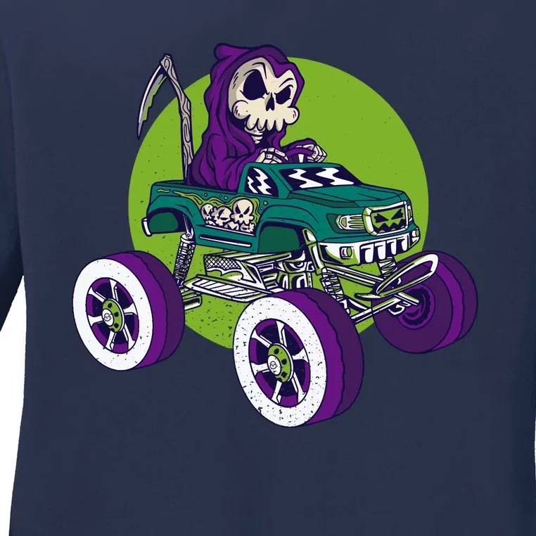 Grim Reaper Monster Truck Ladies Long Sleeve Shirt