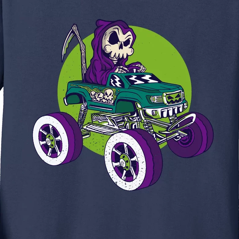 Grim Reaper Monster Truck Kids Long Sleeve Shirt